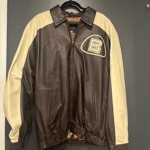 Brown and Cream Leather Bomber Jacket Bernini Size XL